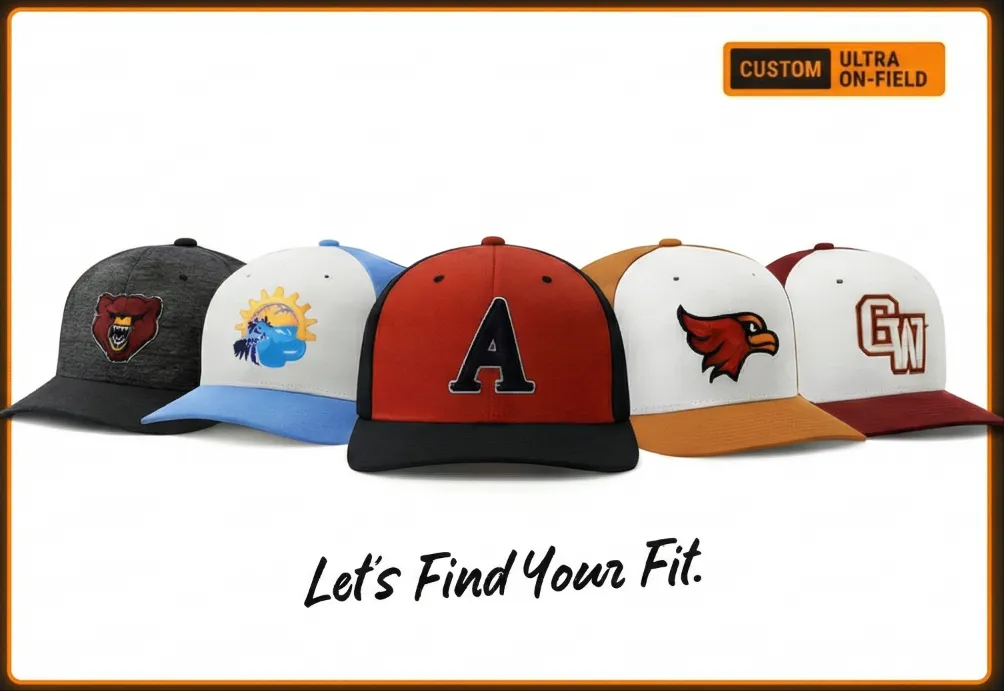 Custom Ultra On-Field caps collection - five professional baseball caps with custom logos
